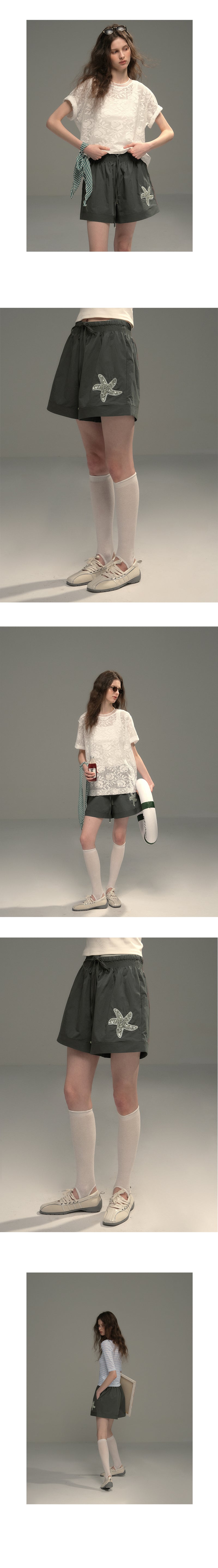 Sequin Starfish Patch Cotton Shorts