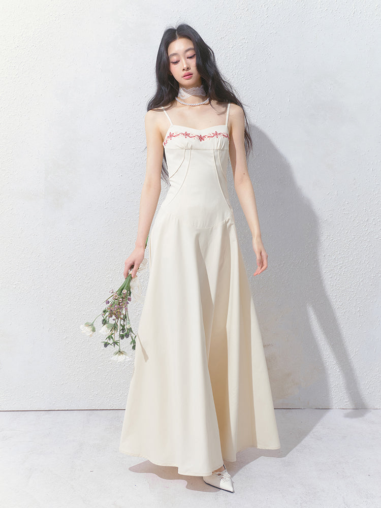 Floral Embroidered Cami Dress With Tucked Detail