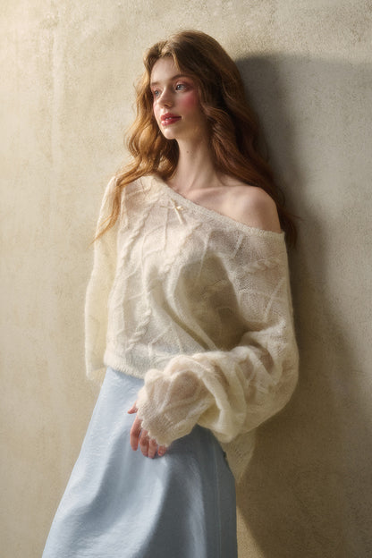 Relaxed Fit Wool Blend Diamond Cable Knit Sweater