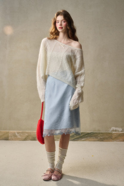 Relaxed Fit Wool Blend Diamond Cable Knit Sweater