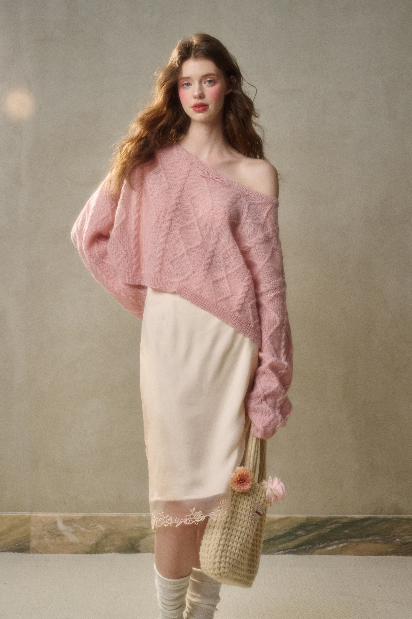 Relaxed Fit Wool Blend Diamond Cable Knit Sweater
