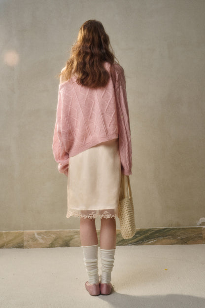 Relaxed Fit Wool Blend Diamond Cable Knit Sweater
