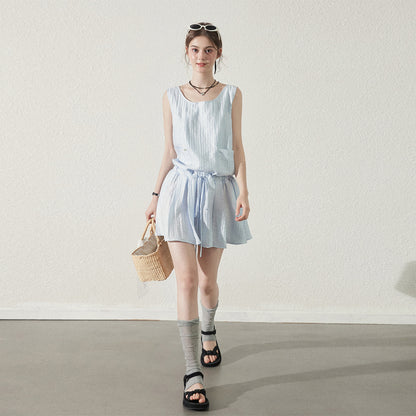 Textured Stripe Sleeveless Dress With Tie Waist