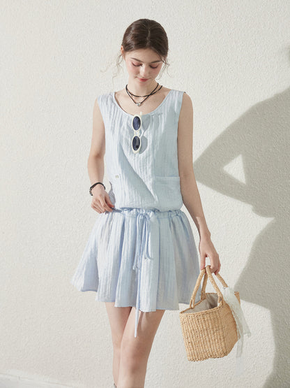 Textured Stripe Sleeveless Dress With Tie Waist