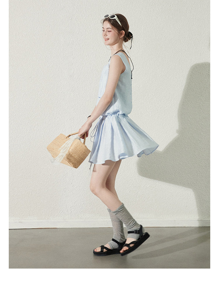 Textured Stripe Sleeveless Dress With Tie Waist