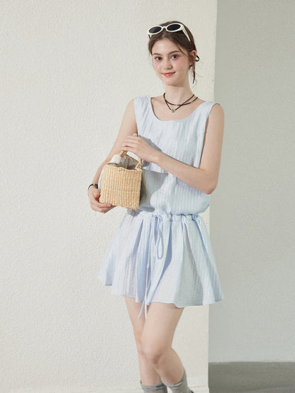 Textured Stripe Sleeveless Dress With Tie Waist