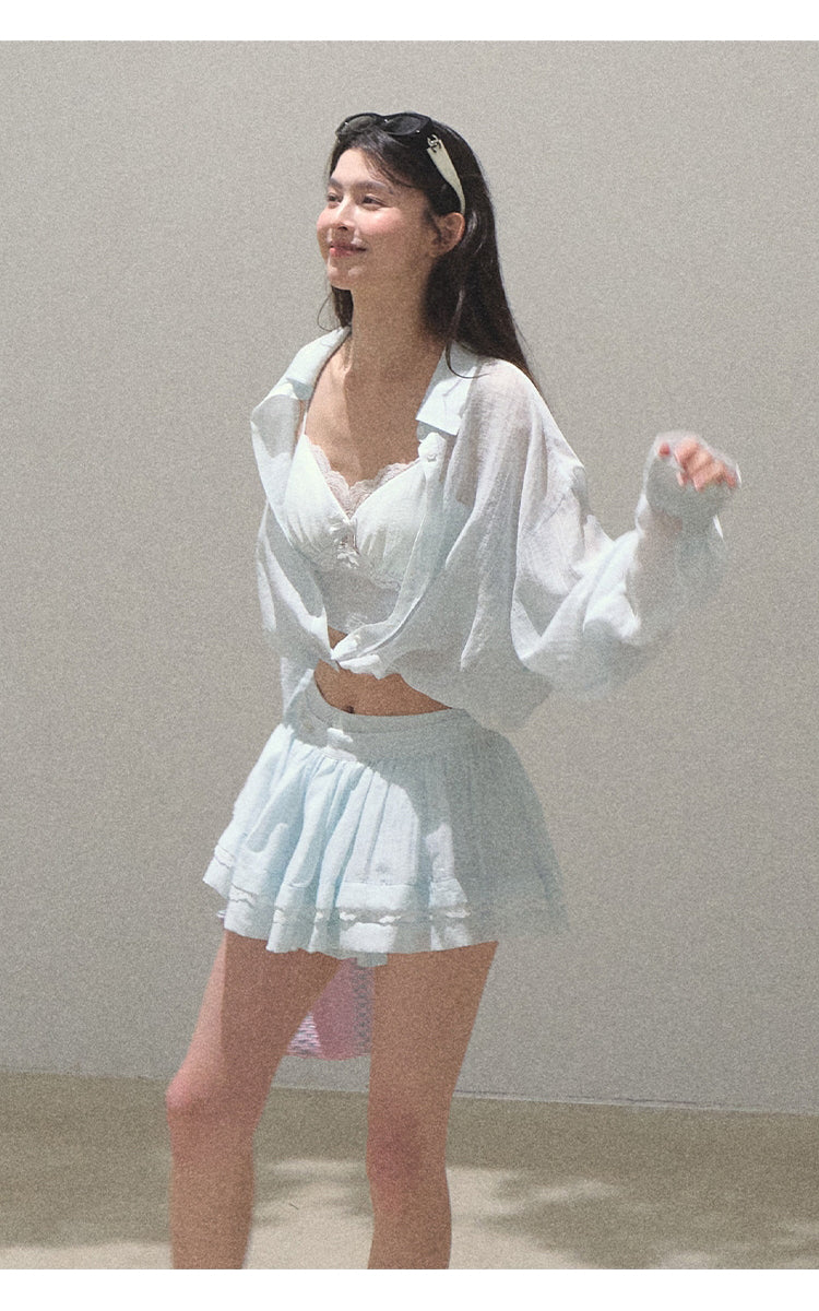 Textured Striped Shirt, Bra Top And Skirt
