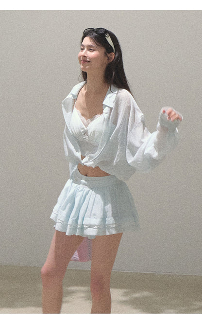 Textured Striped Shirt, Bra Top And Skirt
