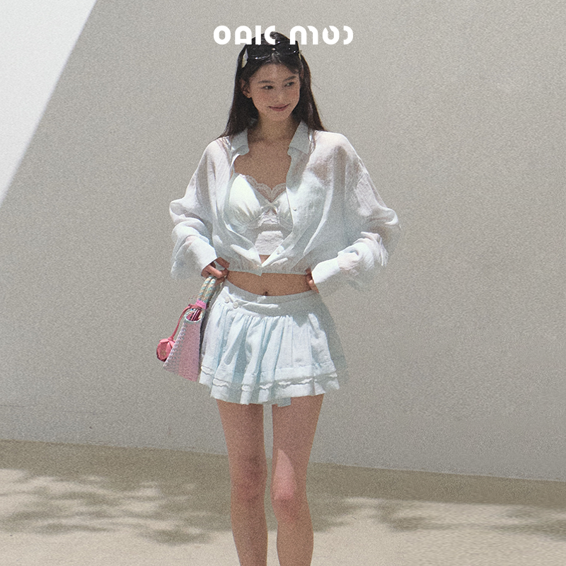 Textured Striped Shirt, Bra Top And Skirt