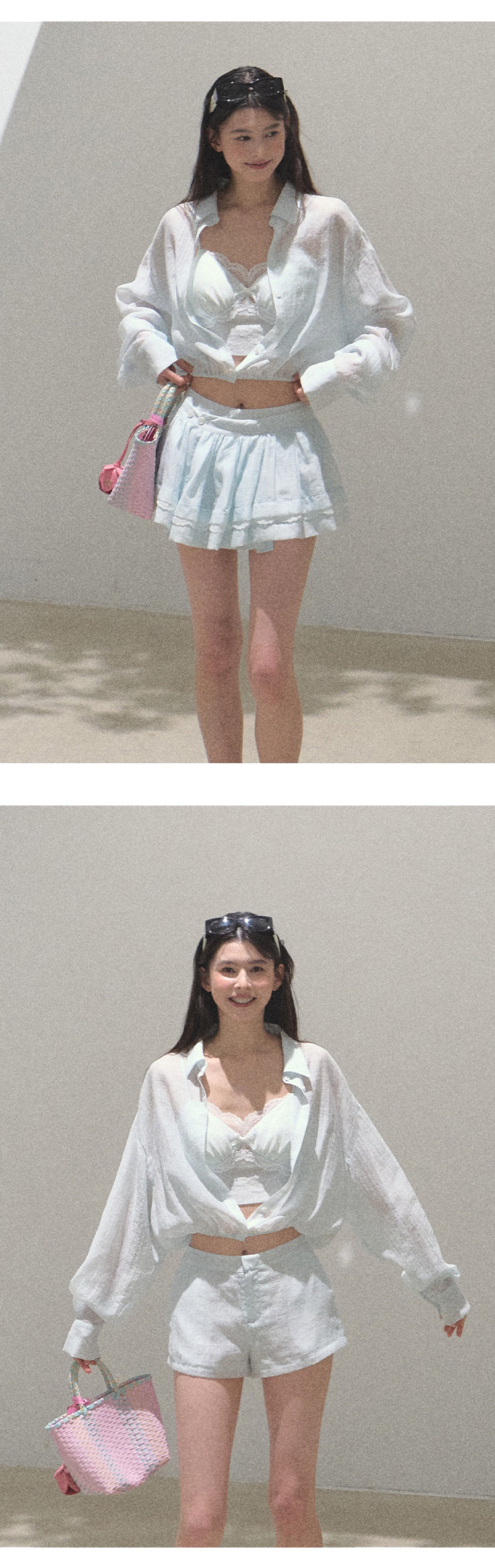 Textured Striped Shirt, Bra Top And Skirt