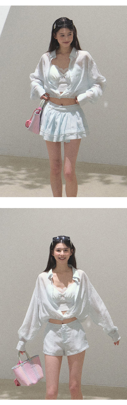 Textured Striped Shirt, Bra Top And Skirt