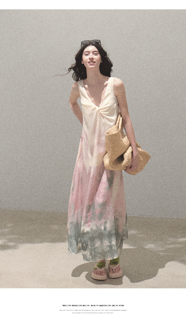V-Neck Twisted-Front Sleeveless Printed Dress