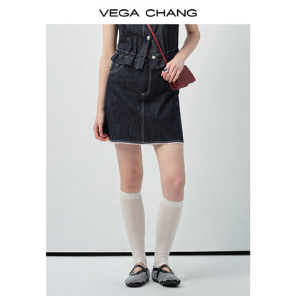 Bird-Accent Pleated Half-Sleeve Shirt & Denim Mini Skirt