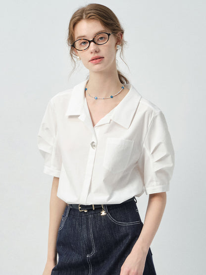 Bird-Accent Pleated Half-Sleeve Shirt & Denim Mini Skirt