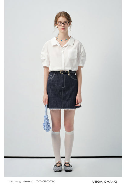 Bird-Accent Pleated Half-Sleeve Shirt & Denim Mini Skirt
