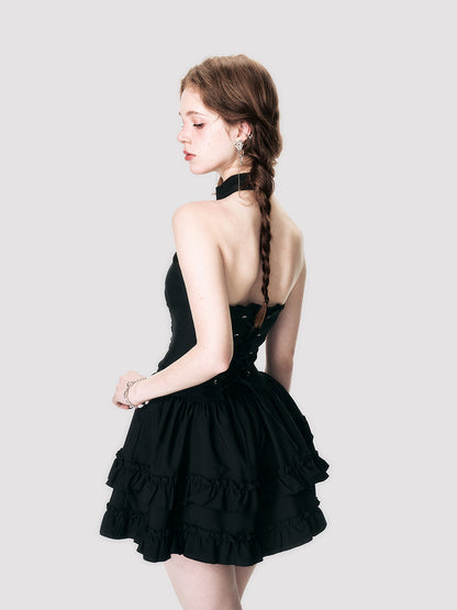 Lace-Up Corset Waist Sleeveless Halter Dress