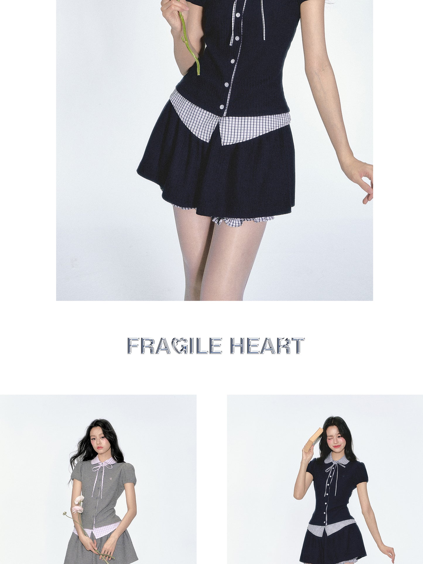 Gingham Check Knit Blouse & Skirt
