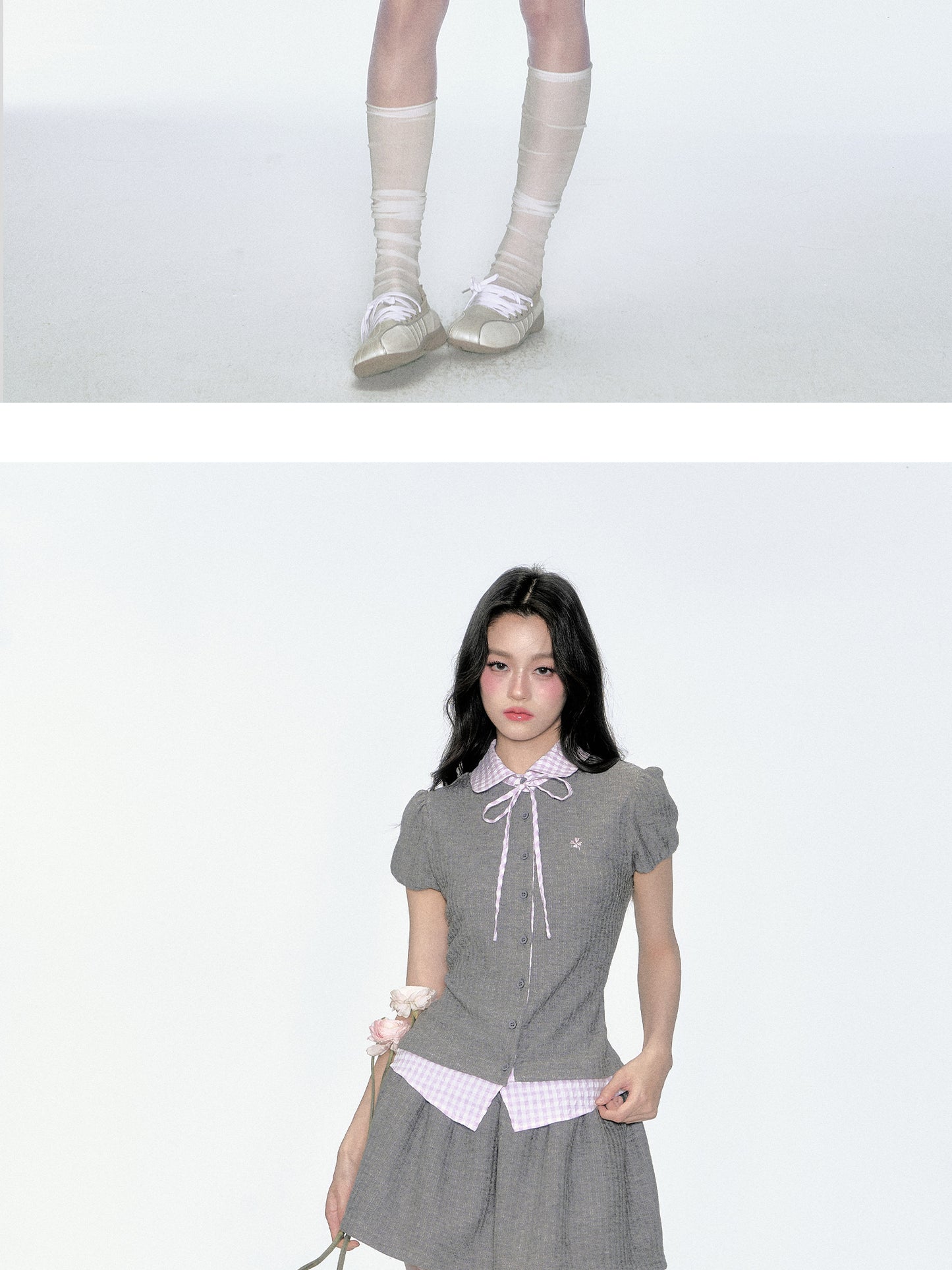 Gingham Check Knit Blouse & Skirt