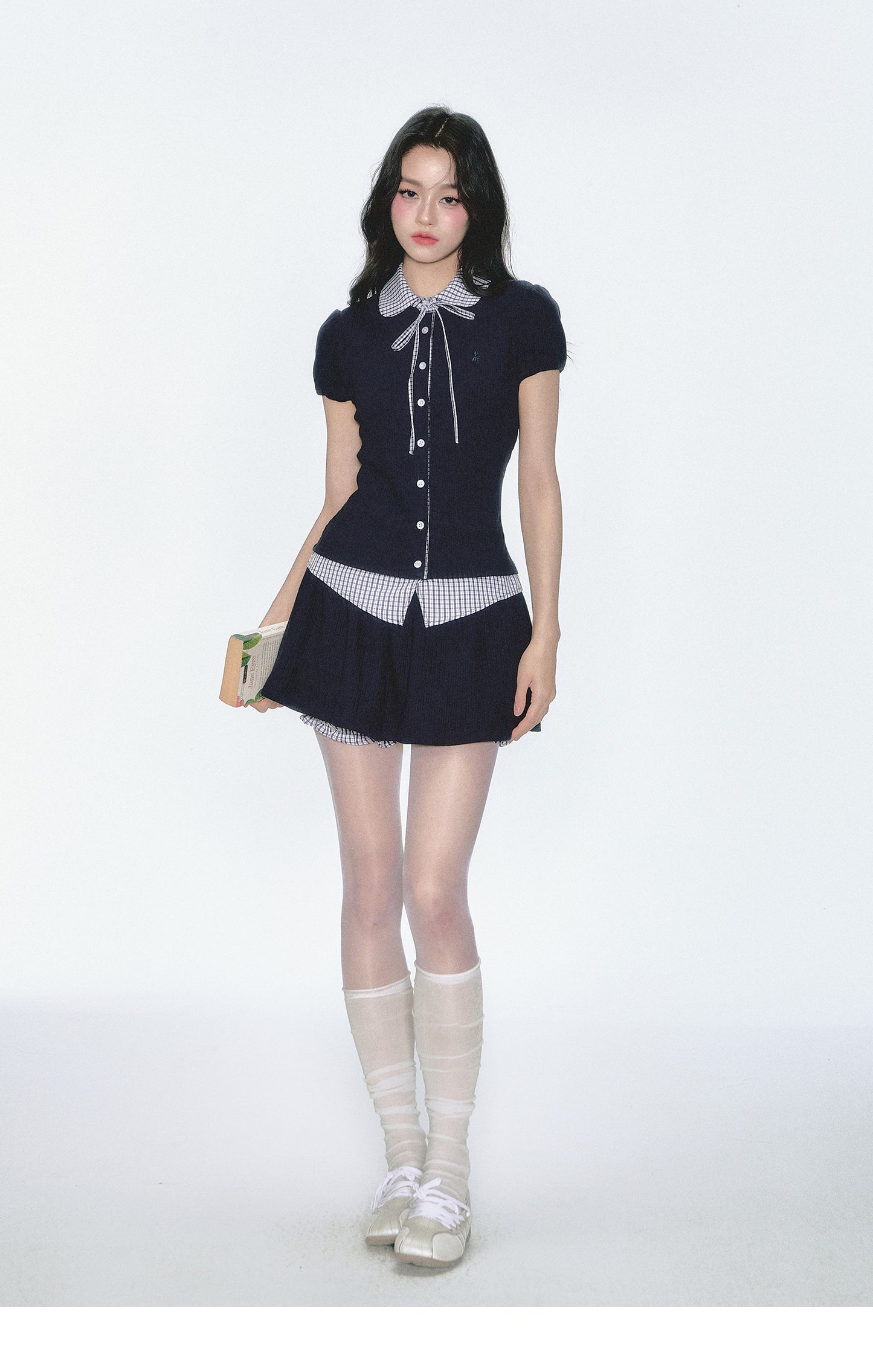 Gingham Check Knit Blouse & Skirt