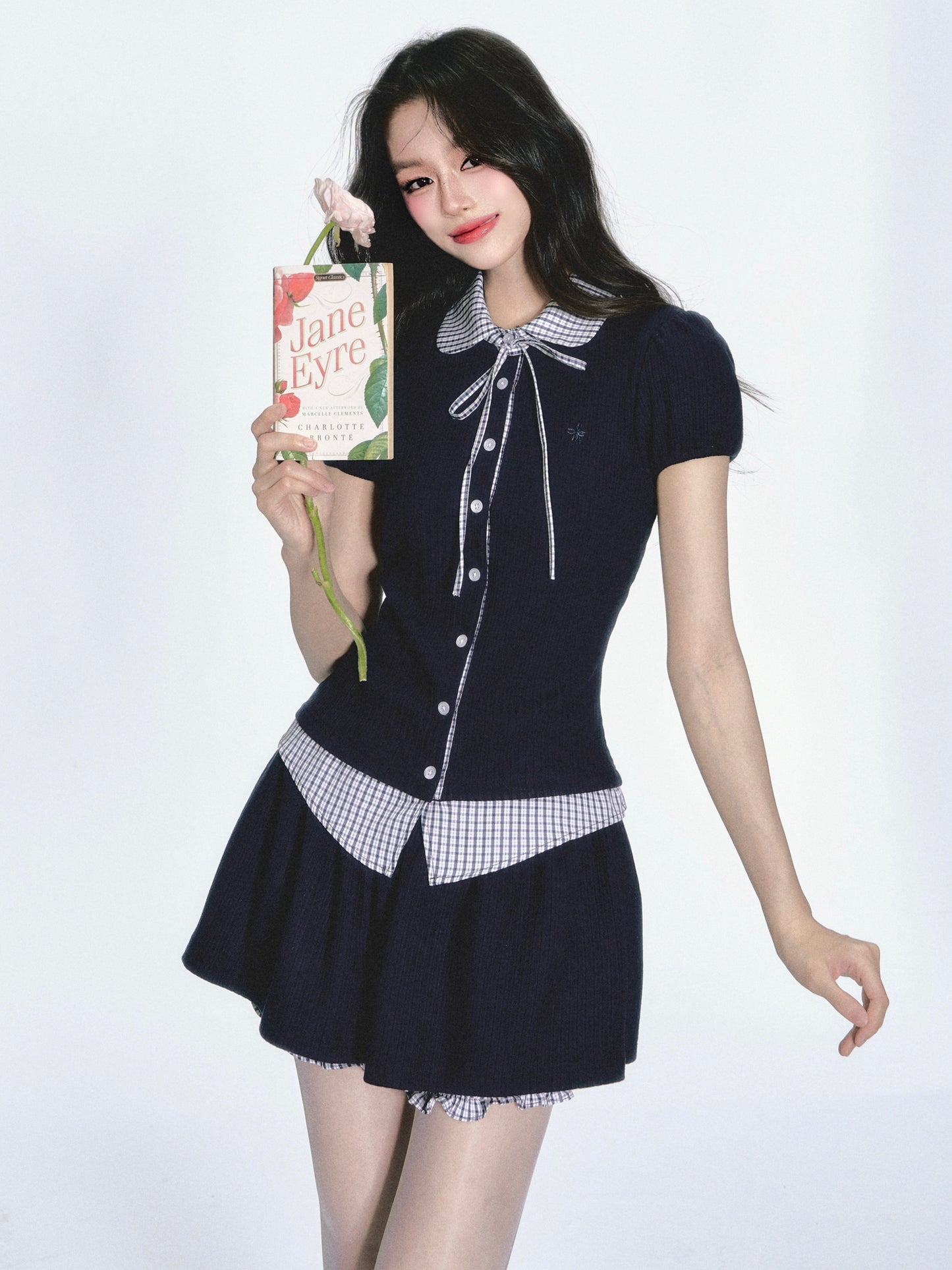 Gingham Check Knit Blouse & Skirt