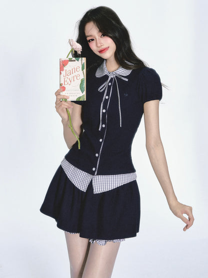 Gingham Check Knit Blouse & Skirt