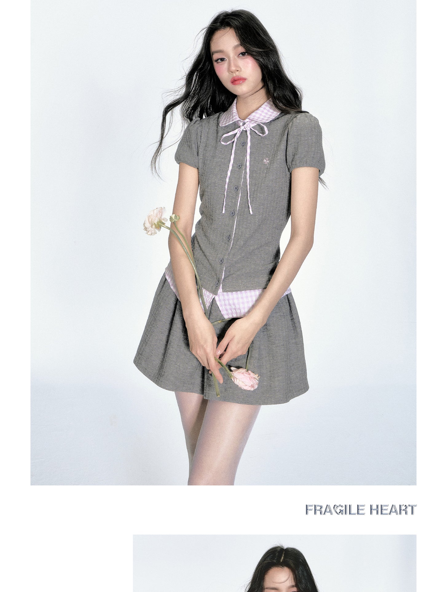 Gingham Check Knit Blouse & Skirt