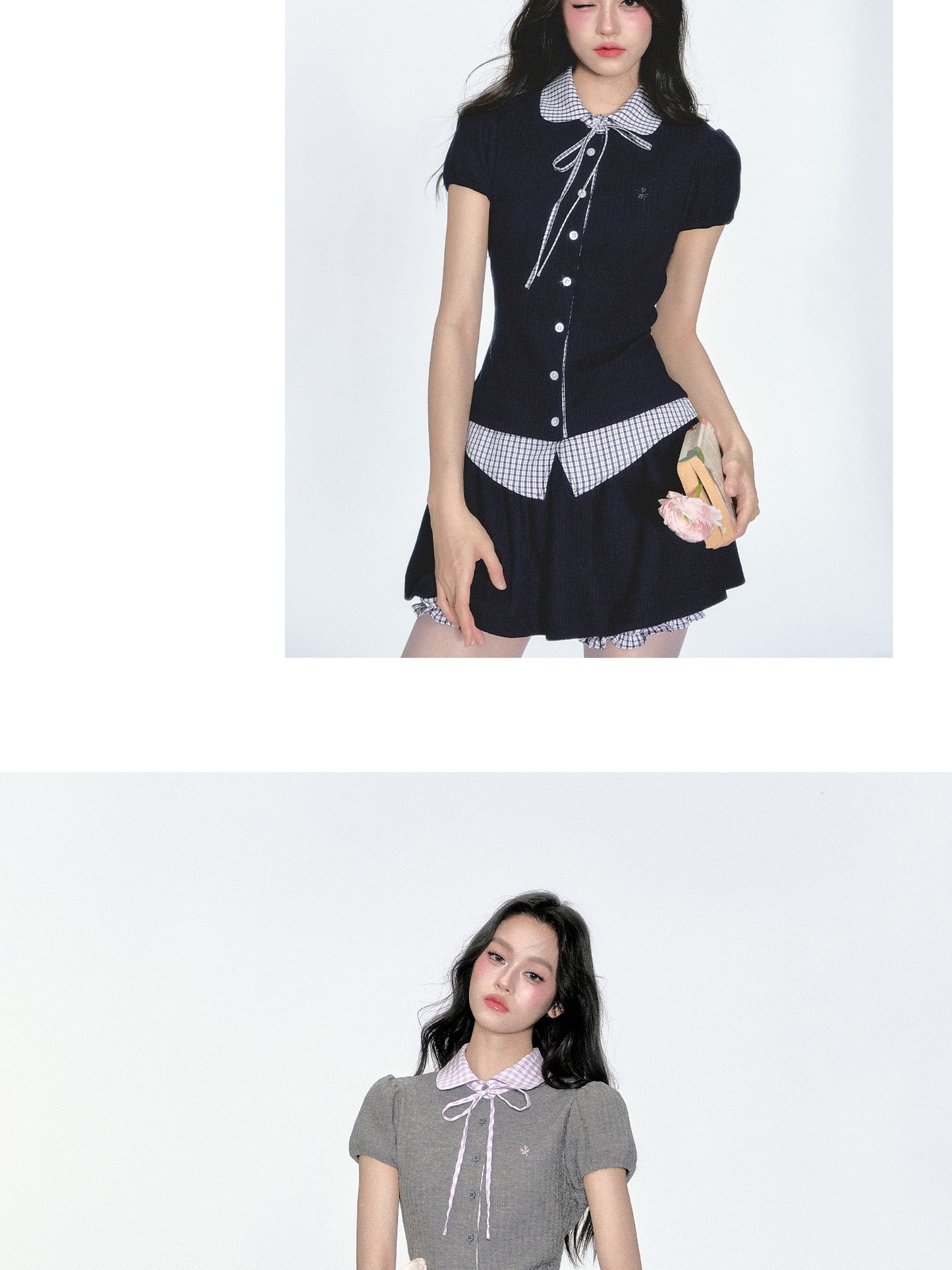 Gingham Check Knit Blouse & Skirt