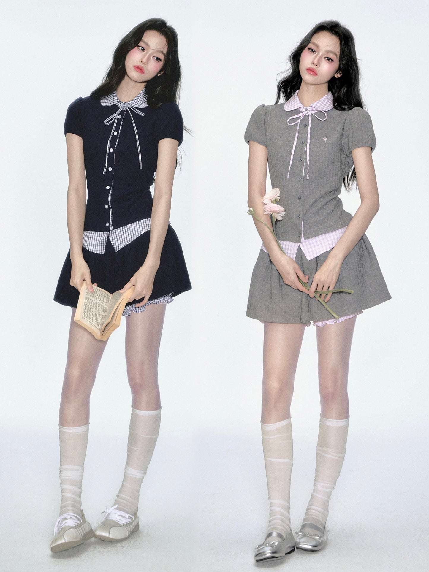 Gingham Check Knit Blouse & Skirt