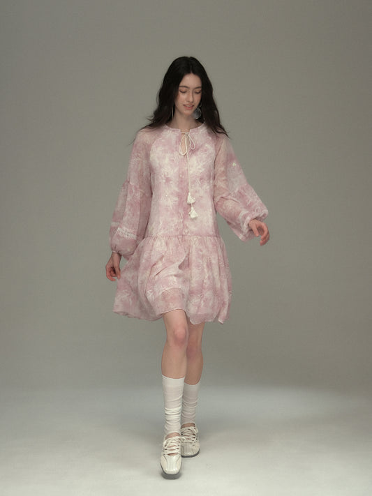 Balloon-Sleeve Sequin Sheer Dress