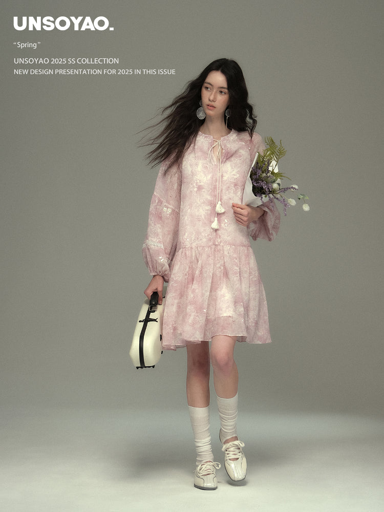 Balloon-Sleeve Sequin Sheer Dress