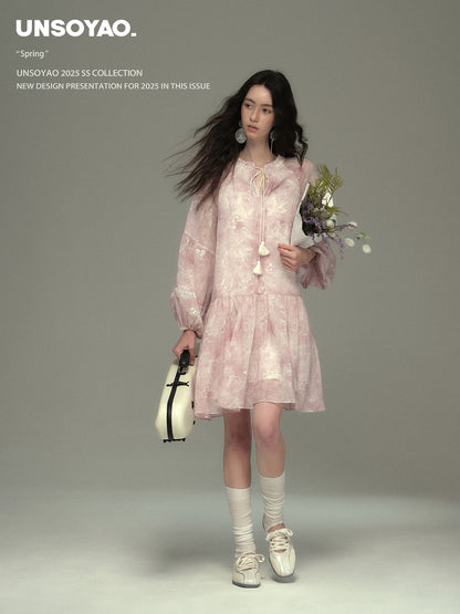 Balloon-Sleeve Sequin Sheer Dress