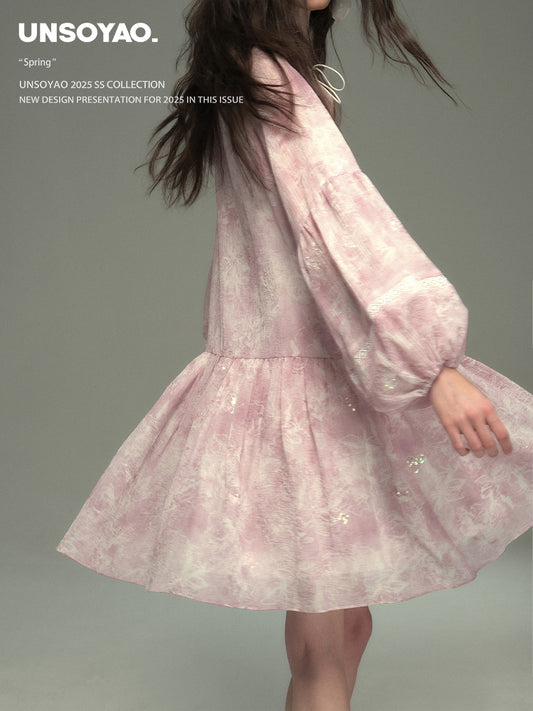 Balloon-Sleeve Sequin Sheer Dress