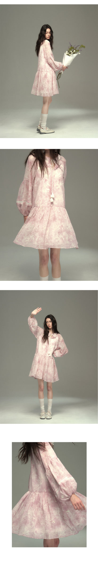 Balloon-Sleeve Sequin Sheer Dress