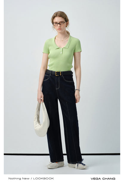 Fitted Ribbed Polo Collar Knit Top