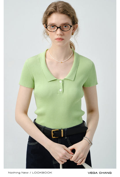 Fitted Ribbed Polo Collar Knit Top