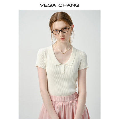 Fitted Ribbed Polo Collar Knit Top