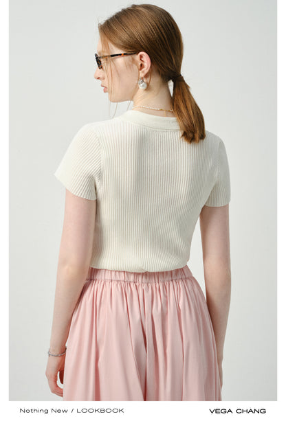 Fitted Ribbed Polo Collar Knit Top