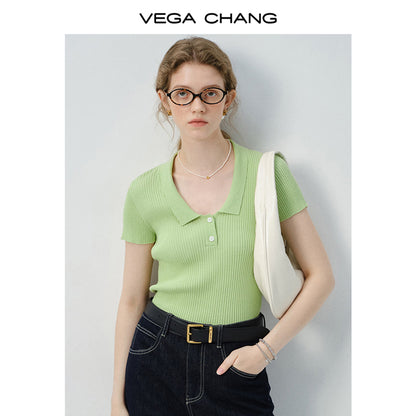 Fitted Ribbed Polo Collar Knit Top