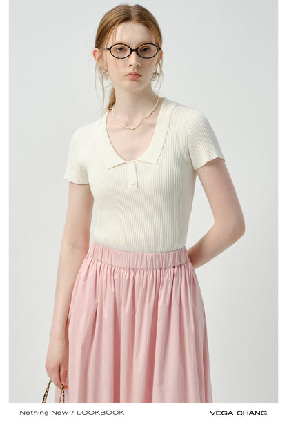 Fitted Ribbed Polo Collar Knit Top