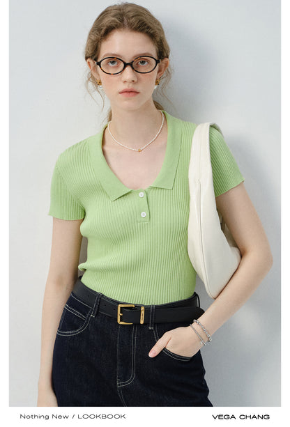 Fitted Ribbed Polo Collar Knit Top