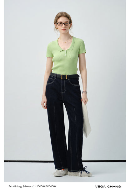 Fitted Ribbed Polo Collar Knit Top