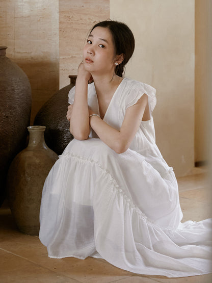 V-Neck Button Dress With Butterfly Sleeves