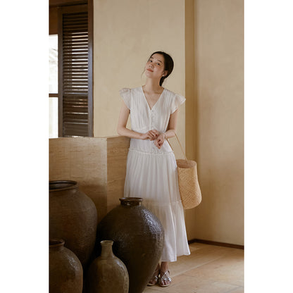 V-Neck Button Dress With Butterfly Sleeves