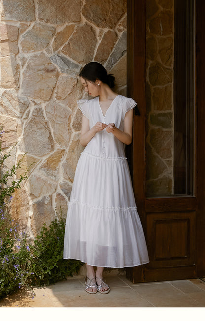 V-Neck Button Dress With Butterfly Sleeves