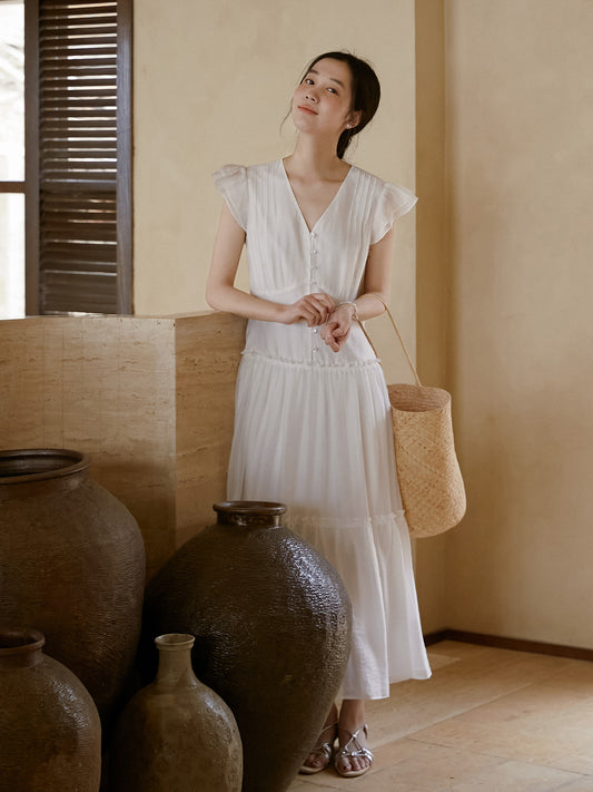 V-Neck Button Dress With Butterfly Sleeves