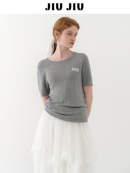 Knit T-Shirt With Lace Patch