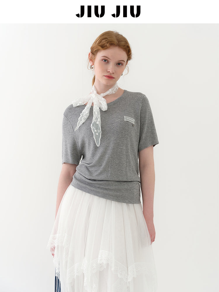 Knit T-Shirt With Lace Patch