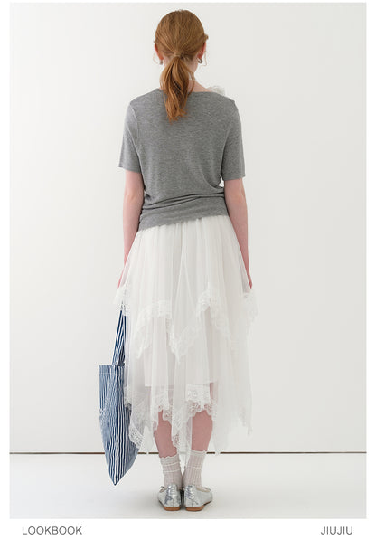 Knit T-Shirt With Lace Patch