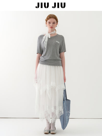 Knit T-Shirt With Lace Patch
