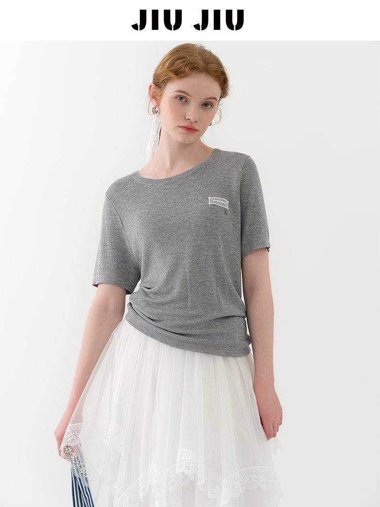 Knit T-Shirt With Lace Patch